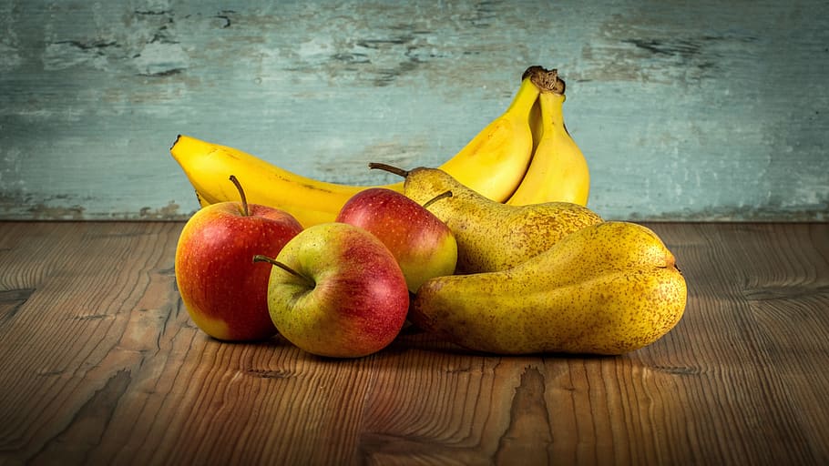 two, bananas, three, ripe, apples, top, brown, wooden, surface, fruit