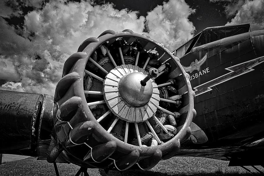 grayscale photography, aircraft, engine, turbine, motor, airplane, aviation, aeroplane, mechanical, airliner