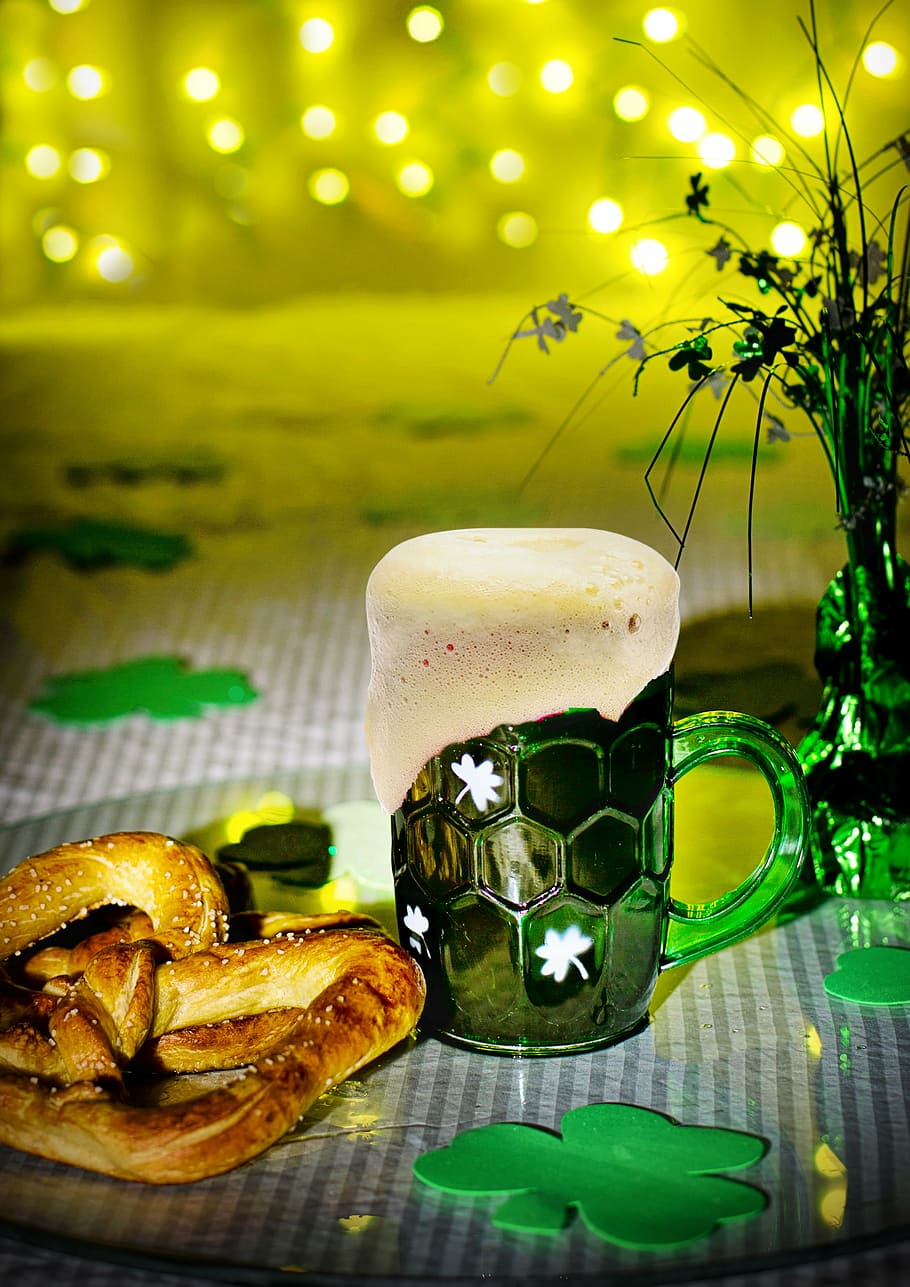 green, glass mug, beverage, bread, st paddy's day, st patrick's day, green beer, beer, pretzels, irish