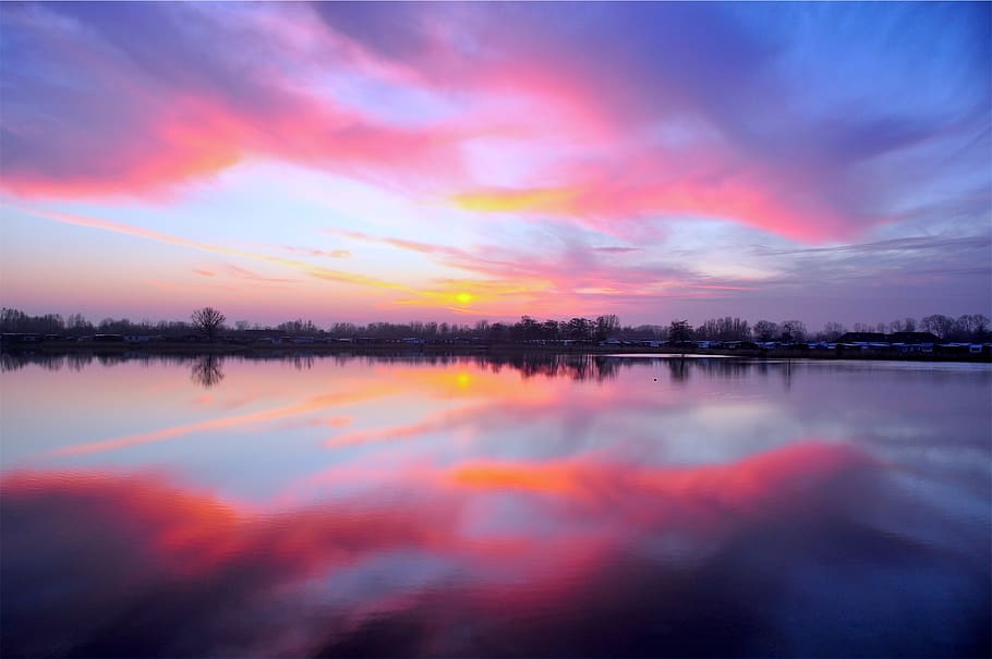 pink, sunset, dusk, sky, lake, water, reflection, clouds, cloud - sky, tranquility