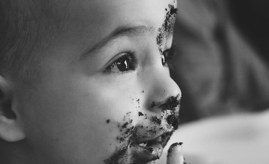 boy eating chocolate, kid, baby, cute, chocolate, cake, mouth, sweets, dessert, black and white