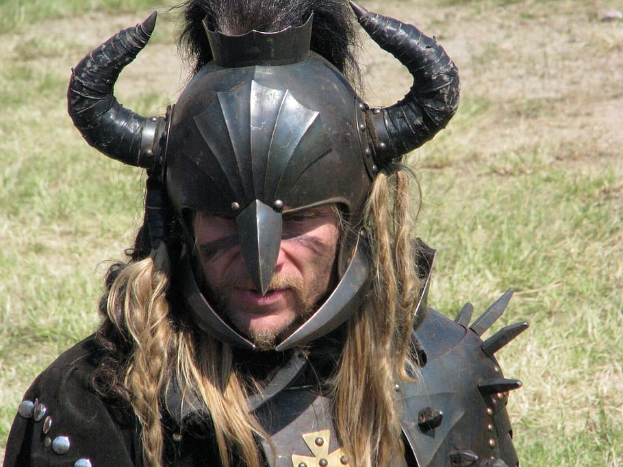 man, black, metal armor, helmet, greenfield, daytime, man in black, black metal, armor, knight helmet