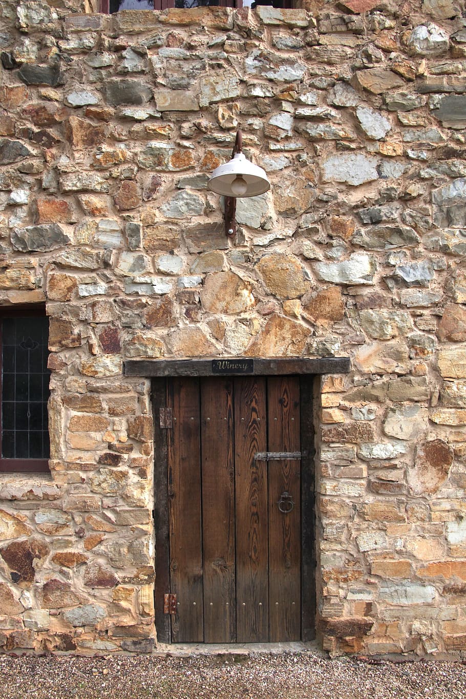 brown, wooden, panel door, door, wood, entrance, doorway, stone, wall, rustic