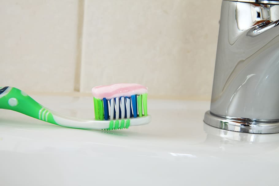 fechado, foto, verde, branco, escova de dentes, para cima, banheiro, escova, cuidado, dental
