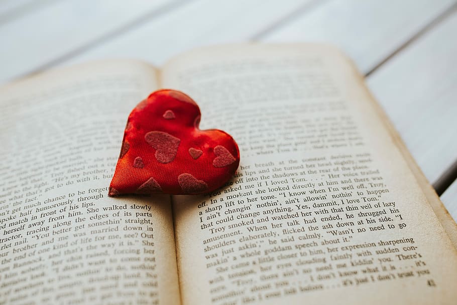 pouco, vermelho, coração, velho, livro, Pouco vermelho, coração vermelho, livro velho, leitura, amor