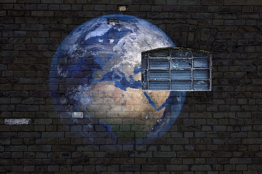 planet earth, painted, wall, world, brick, grafitti, window, global, travel, landmark