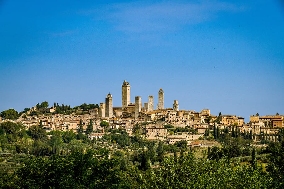san gimignano, tuscany, italy, panorama, city, sky, building exterior, architecture, built structure, plant