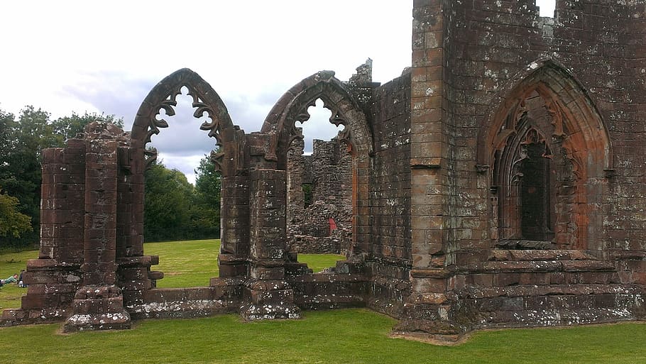 Marrón, castillo de ladrillo, arco, ruina, gótico, antiguo edificio, iglesia, antiguo, edificio, Escocia