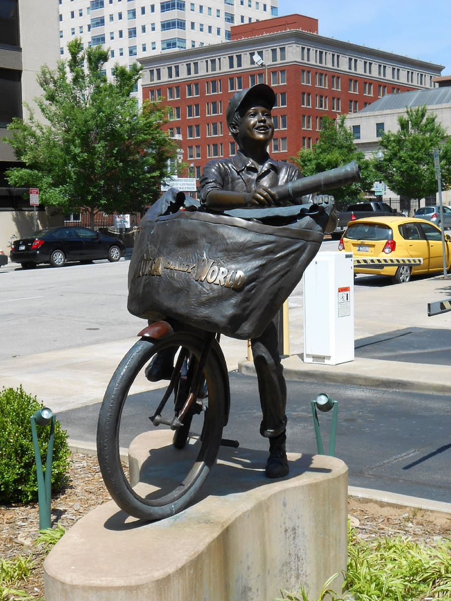 tulsa, daily world, newspaper, paper boy, statue, bicycle, building exterior, built structure, architecture, city