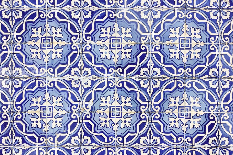 portugal, ceramic tiles, wall, covering, regular, pattern, design, backgrounds, blue, tile