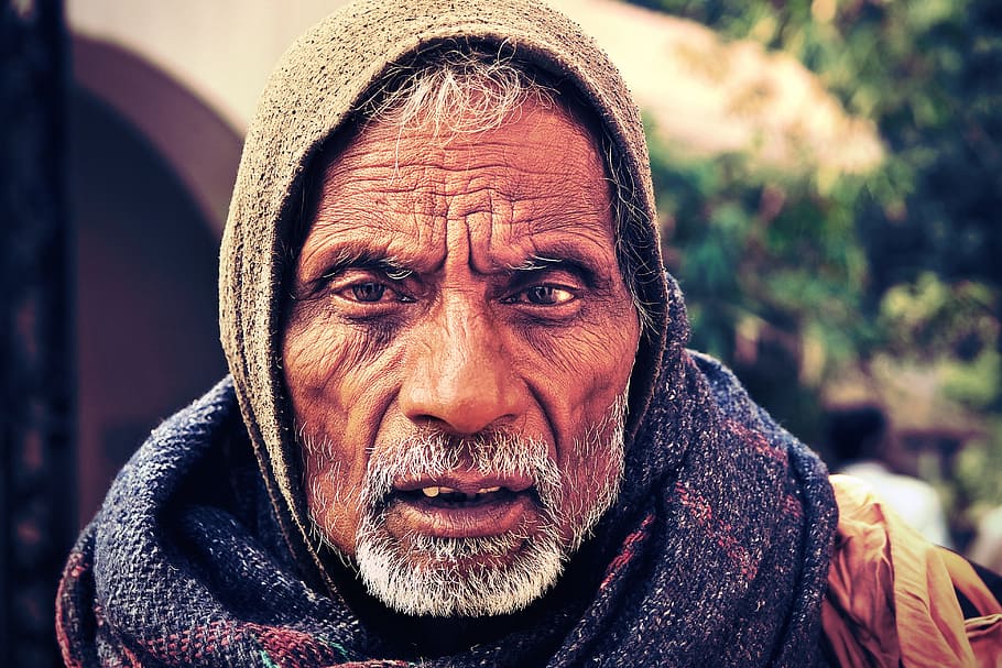 man, wearing, blue, scarf, sadhu, vrindavan, india, asia, travel, old
