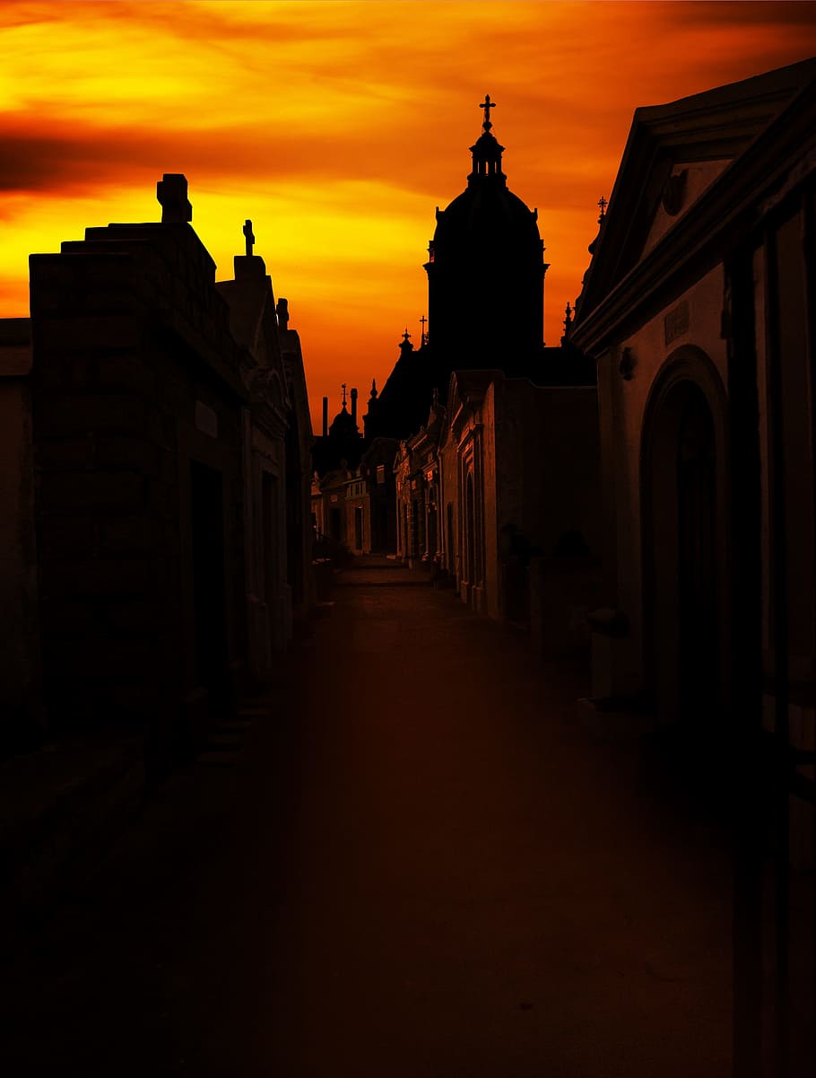 silhouette photo, houses, Sunset, Cemetery, Mystical, Evening, sunset, cemetery, cross, orange, scene