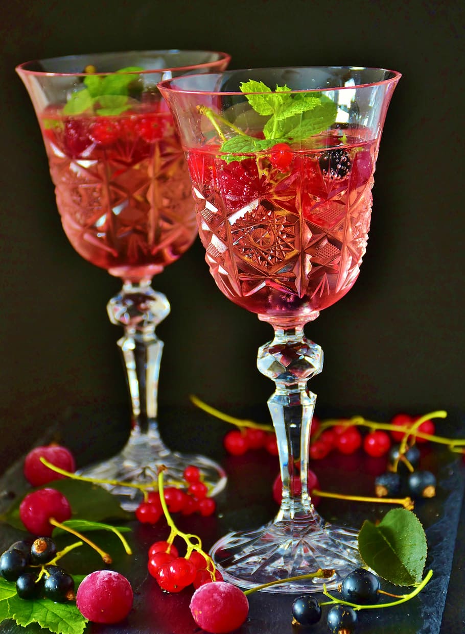two, clear, wine glasses, cocktail, prosecco, berries, drink, mineral water, mint, glass
