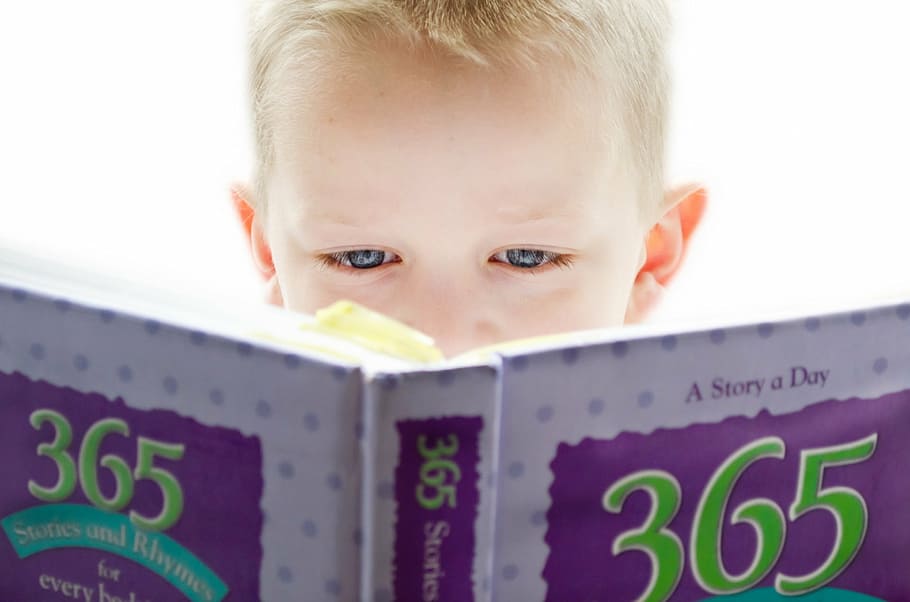 boy, holding, 365 story book, learning, development, looking, people, child, reading, book