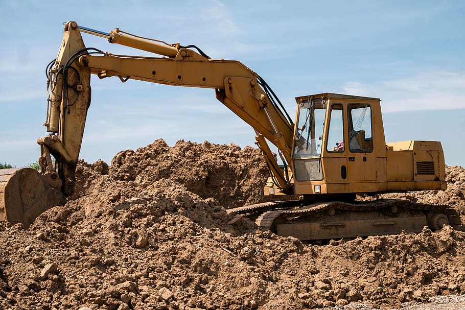 yellow excavator, excavators, site, vehicle, construction work, construction machine, work, chain drive, crawler, shovel