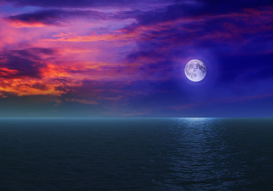 moon, sky, sea, large, water, nature, night, cloud, blue, scene