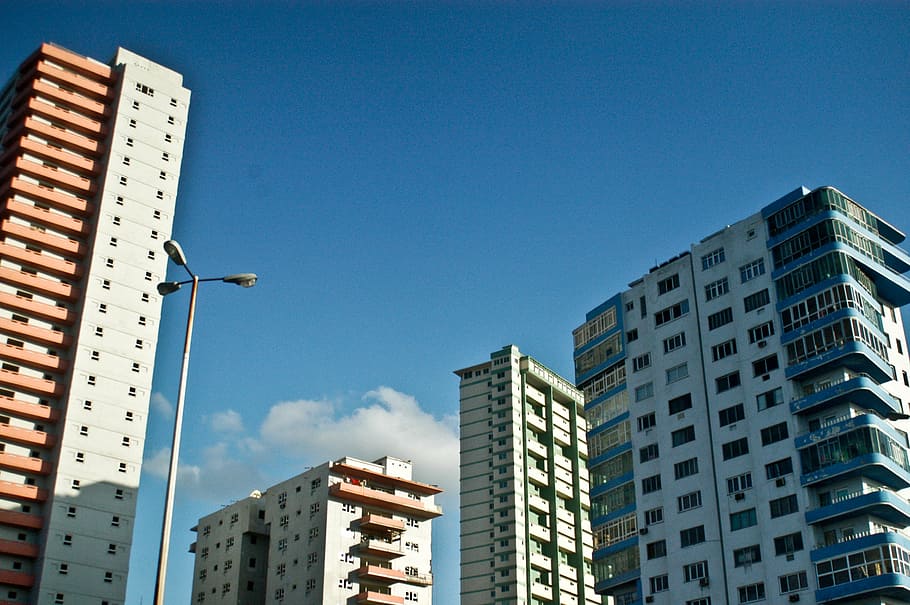 apartment buildings, sunny, blue, sky, cuba, havana, buildings, clouds, city, architecture
