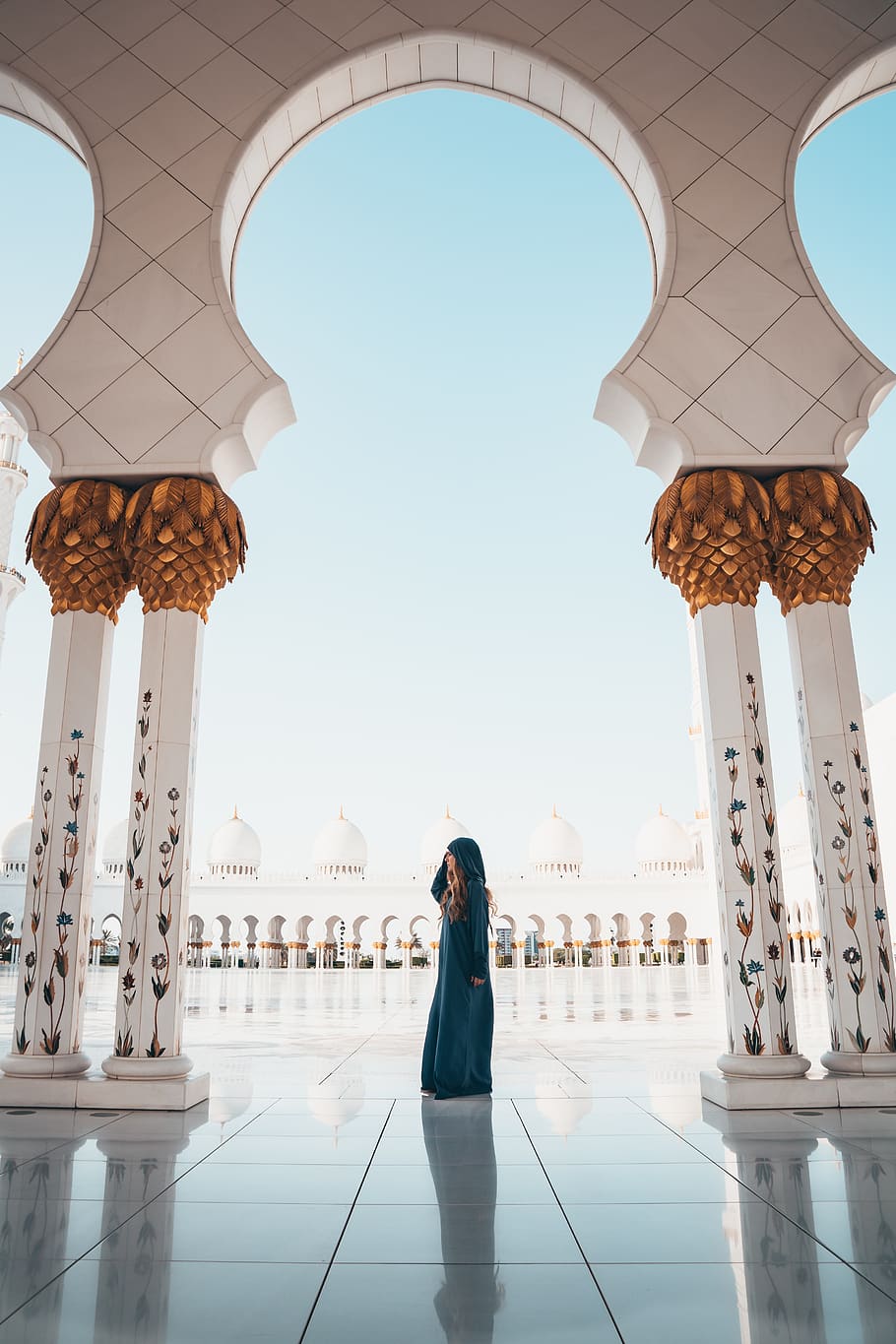 woman, mosque, architecture, building, religion, muslim, sun, summer, marble, dome