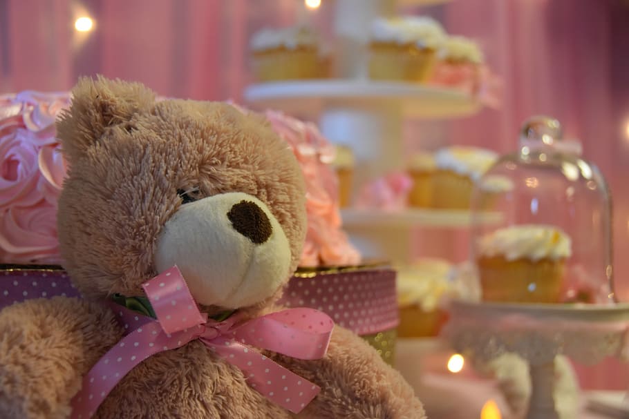 brown, teddy, bear, cupcakes, desktop, teddy bear, relaxation, baby shower, resting, cake