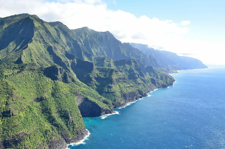 verde, marrón, montaña, montaña marrón, océano, hawaii, mar, tropical, estilo de vida, playa de hawaii