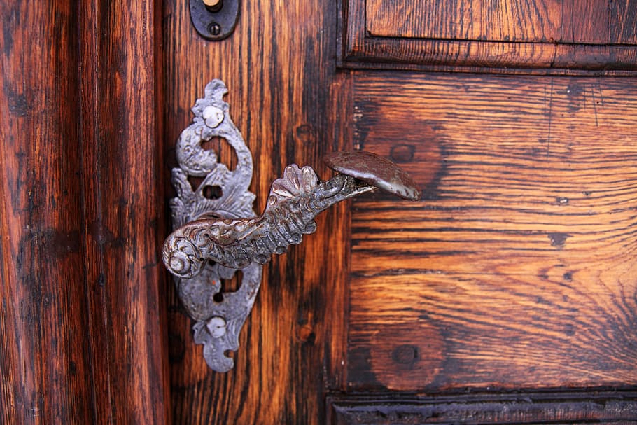 marrón, gris, accesorio de puerta, acceso, envejecido, antiguo, latón, detalle, puerta, entrar