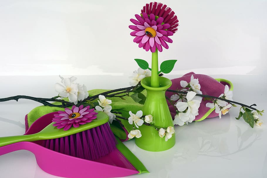 purple dustpan, clean, spring putz, blade, broom, kehrset, crockery brush, flowers, pink, green