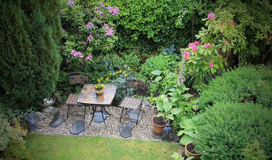 garden, peaceful, secret, enclosed, plants, nature, book cover, table, chairs, secluded