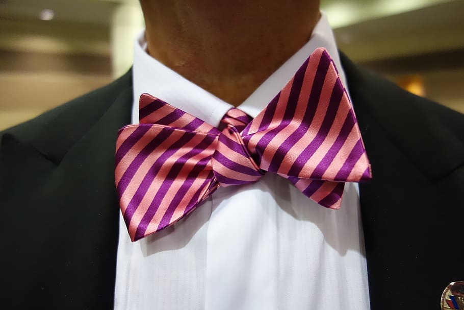 man, wearing, pink, purple, striped, bowtie, close-up photo, neckware, bow, formal