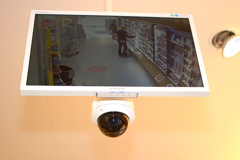 화이트, 삼성, 평면, 스크린 CCTV, 모니터, 켜는 화면, 카메라, 모니터링, 감시 카메라, 보안