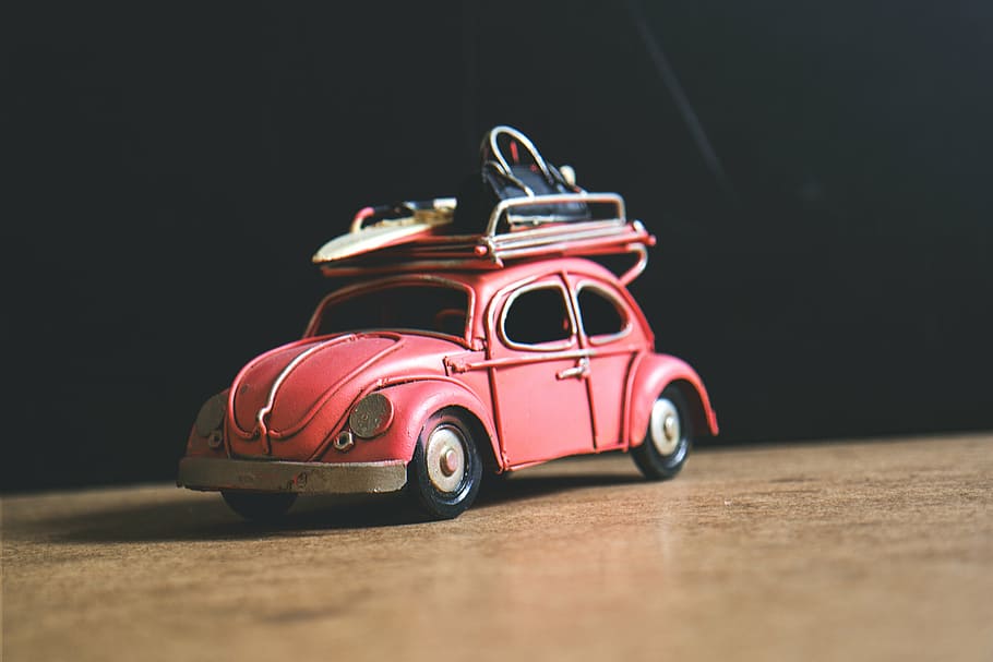 rojo, volkswagen escarabajo modelo, selectivo, enfoque, fotografía, volkswagen, escarabajo, coche, escala, modelo
