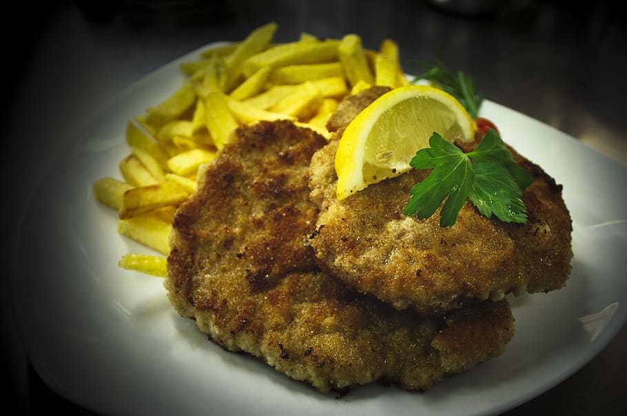 schnitzel, french, french fries, restaurant, gastronomy, viennese kind, lemon, plate, breaded, fast food