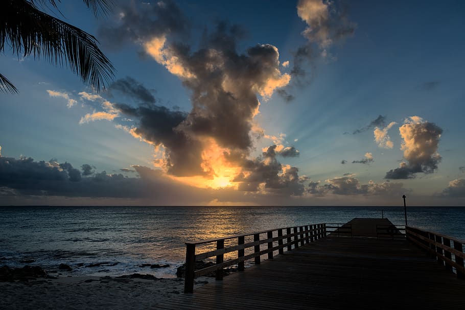 tropical, pier, sunset, water, ocean, clouds, peaceful, calming, landscape, scenic