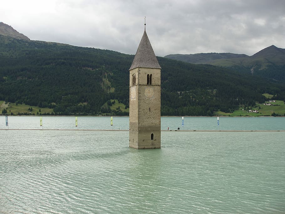 водохранилище, reschensee, steeple, graun's, затоплено, южный тироль, воды, построенная конструкция, архитектура, Башня