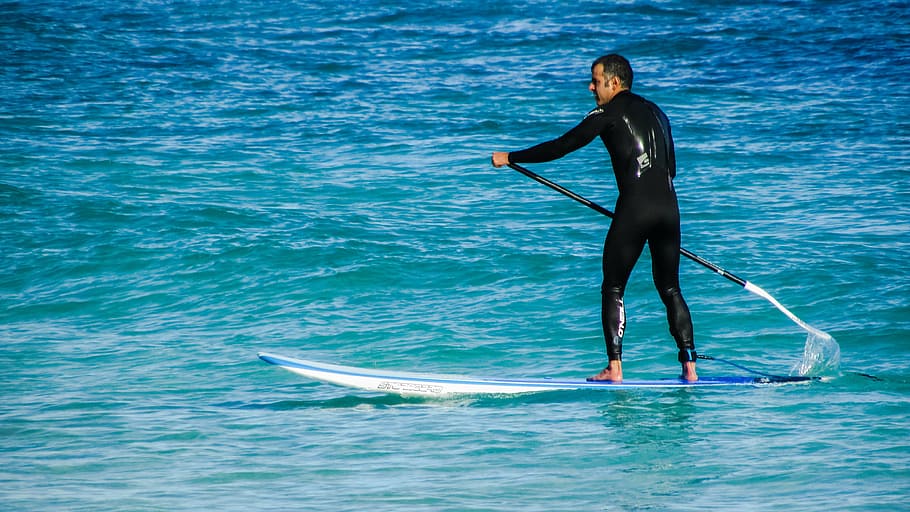 man, using, paddle board, body, water, paddleboarding, sport, paddle, board, stand