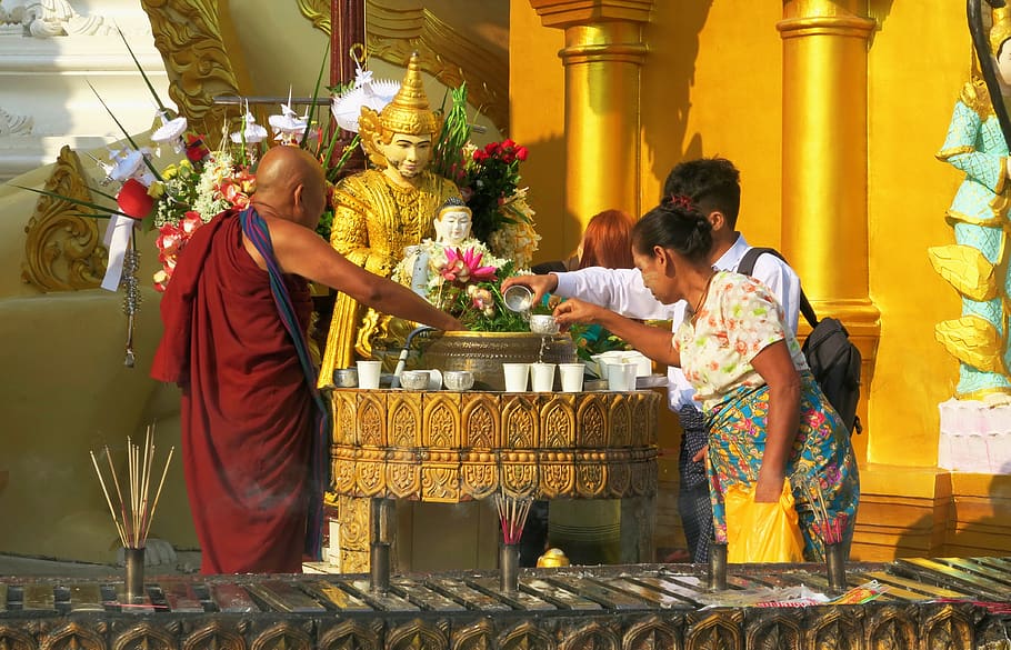 religion, people, outdoors, travel, city, shwedagon pagoda, shwedagon, pagoda, shrine, water