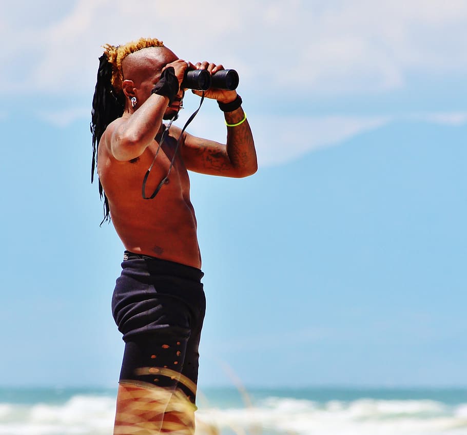 man, using, binoculars, daytime, sentry, shark guardian, muizenberg, indian ocean, beach, sea