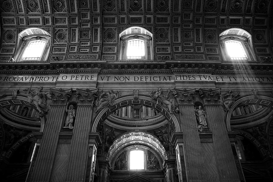 basilica di san pietro, vaticano, black and white, famous, italy, cathedral, history, the vatican, europe, roman