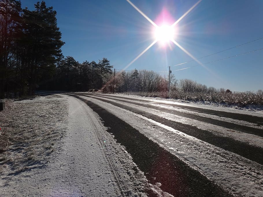 ice, snow, icy, country road, slippery, winter, north carolina, dawn, sun-up, melting