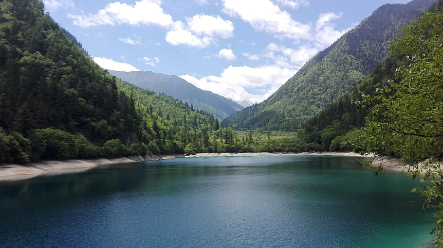 jiuzhaigou, sichuan, lake, water, mountain, beauty in nature, scenics - nature, tree, tranquil scene, sky