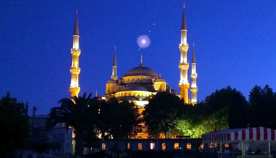 hagia sophia museum, night time, istanbul, sultan ahmet mosque, mosque, religion, islam, architecture, minaret, night