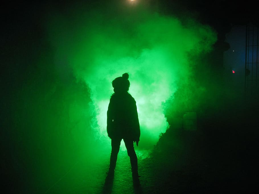 person, standing, front, green, light, green light, winter light, palm garden, girl, smoke