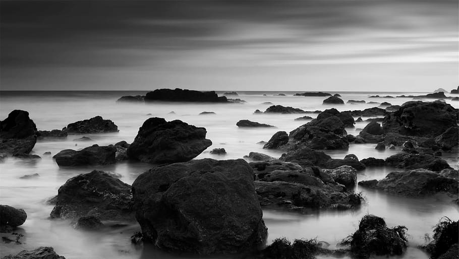 greyscale photo, rocks, body, water, grayscale, photography, rock, formations, boulders, mist