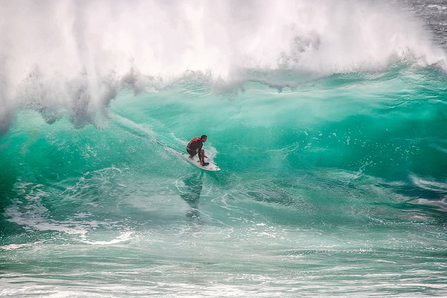 man surfing, blue, ocean, daytime, surfer, big waves, crisis, ombak tujuh coast, the indian ocean, java island