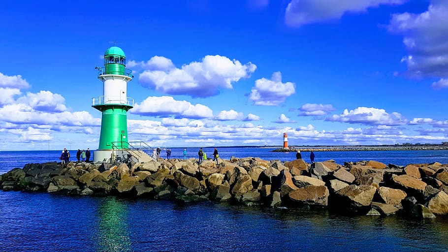 lighthouse, warnemünde, clouds, mole, beacon, water, sky, sea, guidance, rock