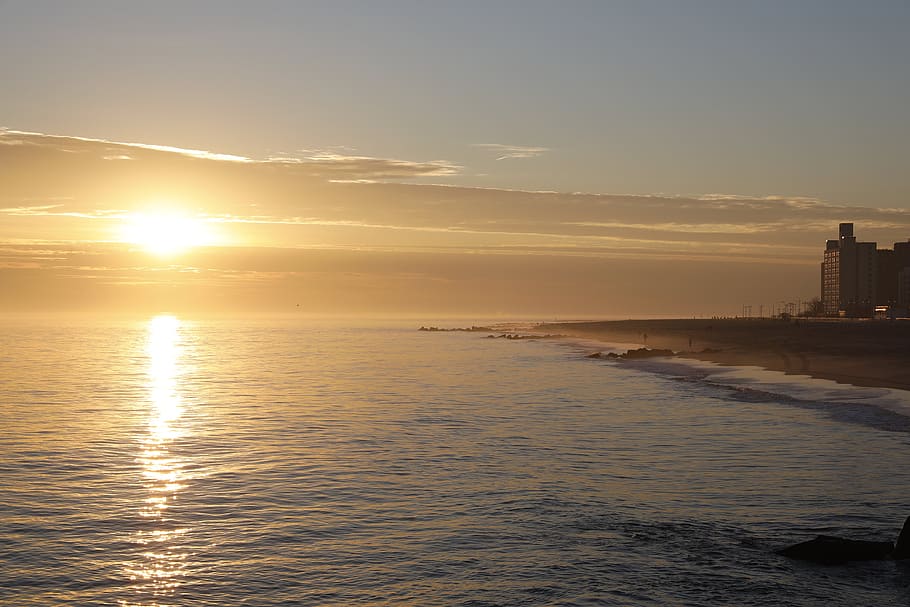 puesta de sol, agua, playa, costa, océano, cielo, nubes, atardecer, reflexión, olas