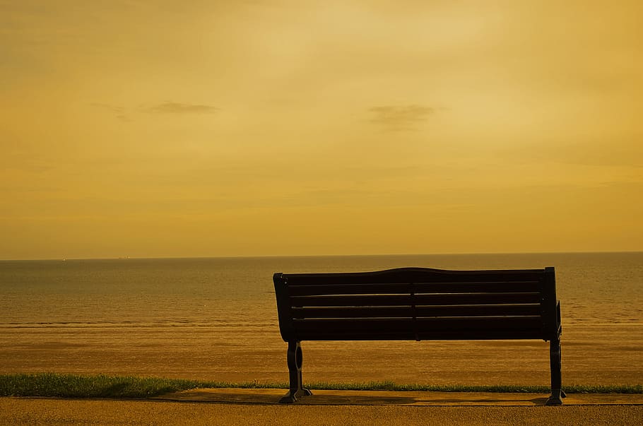 black, metal bench, seashore, bench, sea, sepia, effect, background, sunset, orange