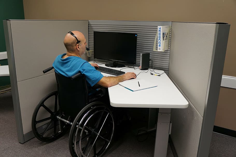 manusia, kursi roda, menggunakan, komputer, cacat, veteran, panggilan, pusat, dukungan, satu orang saja