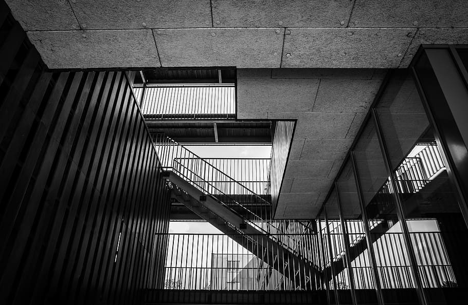 stairs, staircase, railings, interior design, ceiling, walls, black and white, architecture, built structure, building exterior