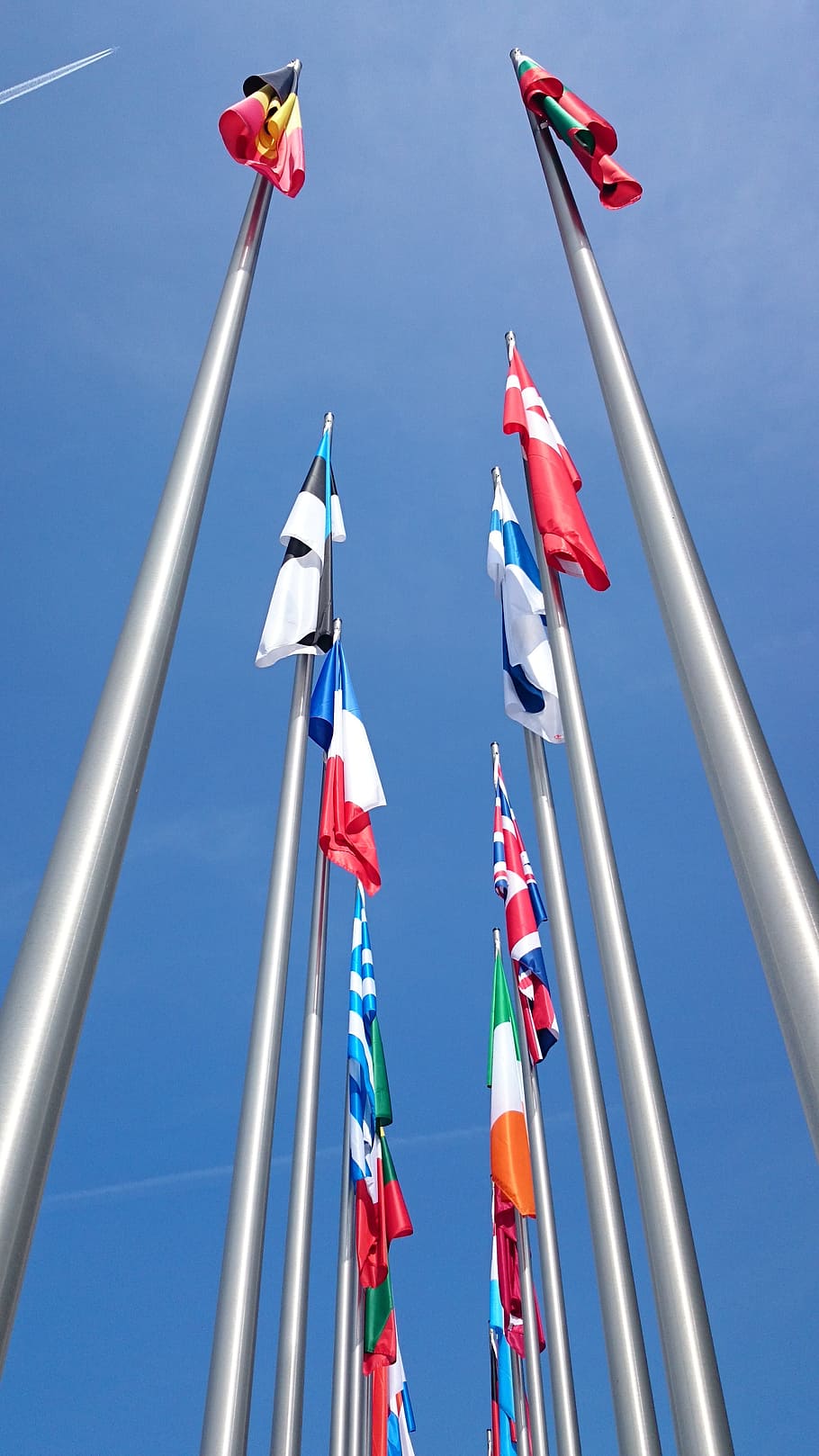 flags, europe flags, mast, flagpole, alu, aluminum poles, sky, flag, multi colored, patriotism