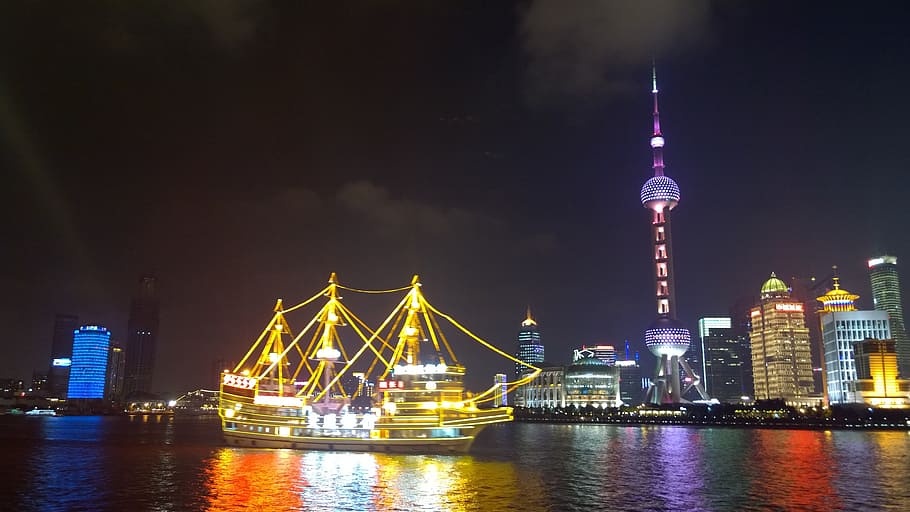 Shangai, el bund, vista nocturna, torre de perlas orientales, arquitectura, noche, estructura construida, agua, iluminado, exterior del edificio